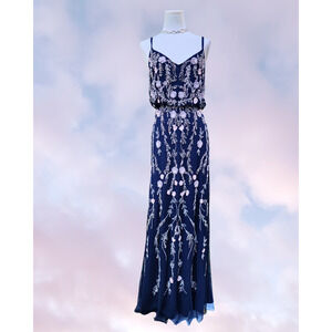 Adrianna Papell Navy Blue Blouson Floral Beaded V-Neck Formal Maxi Dress Sz 4